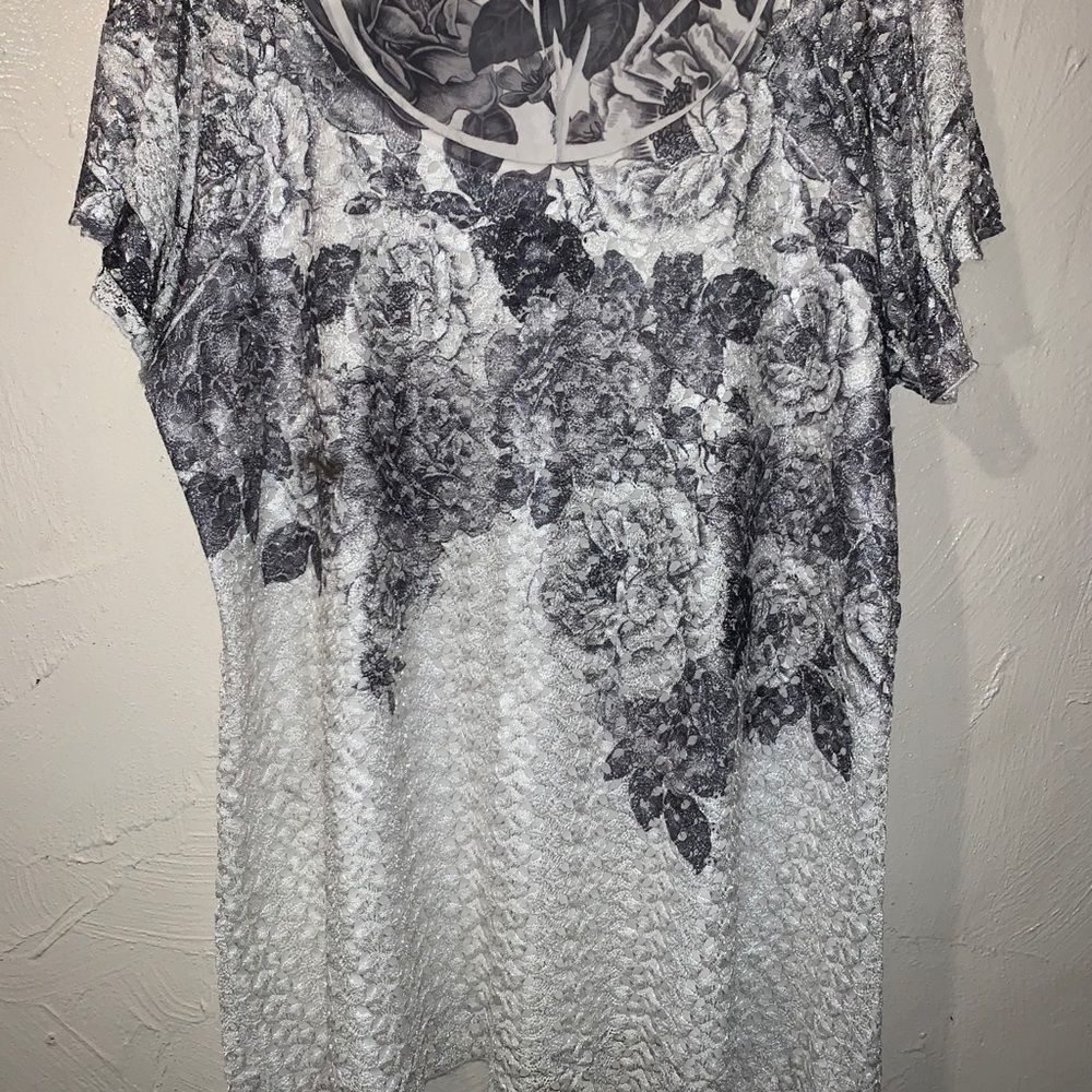 DRESSY black and white print mesh overlay blouse!